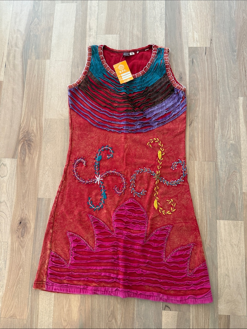 Red Sleeveless Embroidered Mini Dress with Multicolor Accents